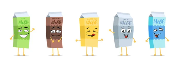 Milchkarton Lustig Lächelnd Cartoon Zeichentrick Set Milchgetränk Süß Fröhlichen Gesichtsausdruck — Stockvektor
