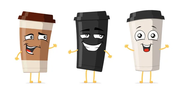 Disposable Coffee Cup Funny Smiling Cartoon Character Set Take Away — Stock Vector