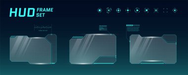 HUD dijital fütürist kullanıcı arayüzü yatay çerçeve seti. Bilim kurgu yüksek teknoloji ekranları. Oyun menüsü kontrol panellerine dokunuyor. Siber uzay baş görüntüleme teknolojisi bilgi imzası kavramı