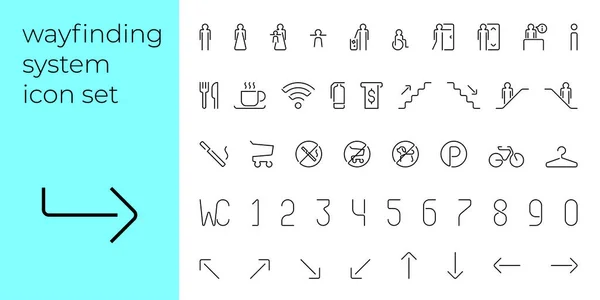 Yol bulma sistemi doğrusal modern simge seti. Taslak sembol koleksiyonu bulma yolu. Alışveriş merkezinin navigasyon tabelaları. Otel ya da kamusal alan bilgi panoları. Konut kompleksi yön işaretleri. Vektör