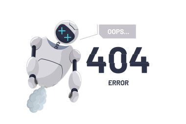 Web sitesi 404 hatası bulunamadı. Robot karakter bozuldu. Chatbot maskotu devre dışı. Teknik çalışma web tasarım şablonu üzerine site. Çizgi film robotu kazası. Robot yardım hatası. Vektörler