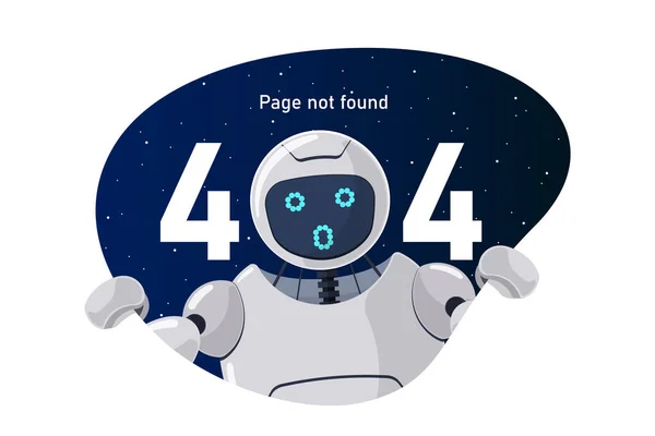Web sitesi 404 hatası bulunamadı. Uzaydan gizlice gözetleyen endişeli robot karakter. Chatbot maskotlu web tasarım şablonu üzerine site çökmesi. Çizgi film çevrimiçi robot yardım hatası