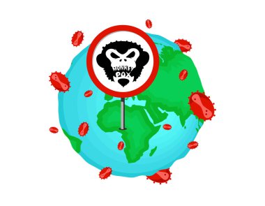 Monkeypox virus world alert attack concept. Monkey pox infection disease outbreak caution red sign on Earth planet. Danger and public health epidemic risk. MPV MPVX dangerous pandemic symbol. Vector clipart