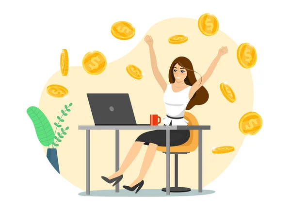 Ευτυχισμένη Επιτυχημένη Επιχειρηματίας Φορητό Υπολογιστή Πάρει Χρήματα Online Εμπόριο Εισοδήματος — Διανυσματικό Αρχείο