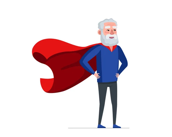 赤いマントを着たスーパーヒーローの衣装を着た老人 スーパーヒーロー高齢男性 強い健康的なおじいちゃん 引退したおじいちゃん 超能力を持つ陽気な上級年金受給者 アクティブ楽しい祖父ベクトル — ストックベクタ
