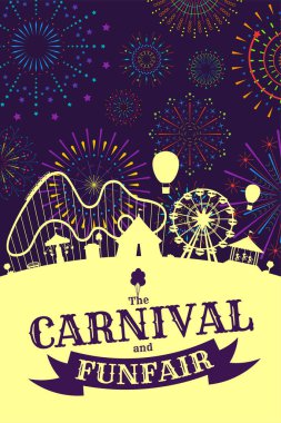 Gece gökyüzünde havai fişekli karnaval pankartı. Sirk, atlıkarınca, lunapark hız treni, havai fişek gösterilerinin cazibesi arka planda ışıldıyor. Eğlence festivali taşıyıcısı poster taşıyor