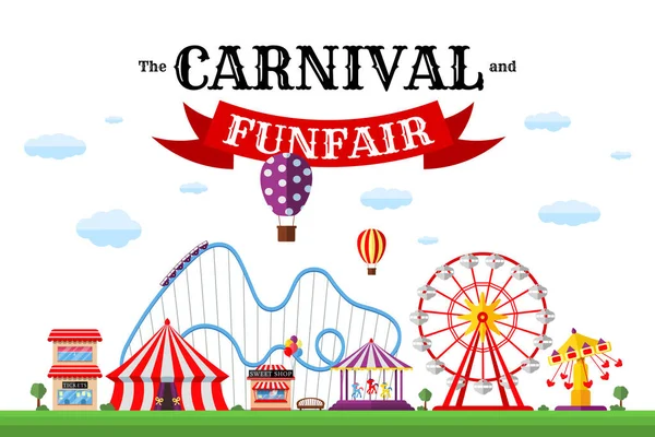 Bannière Fête Foraine Carnavalesque Parc Attractions Avec Cirque Carrousels Montagnes — Image vectorielle
