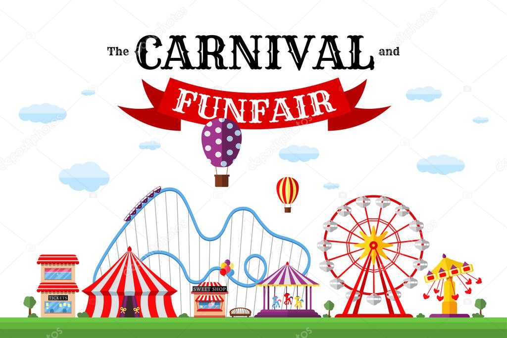 Carnival funfair banner. Amusement park with circus, carousels, roller coaster, attractions on white background. Festive theme design template. Fun fair festival poster. Vector eps illustration