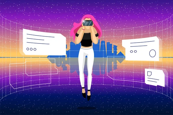 Young Woman Helmet Connecting Futuristic Technology Metaverse Virtual Reality Abstract — Archivo Imágenes Vectoriales