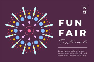 Lunapark şenliği, karanlık gökyüzünde havai fişek patlaması olan minimal moda yatay poster. Havai fişekli karnaval minimalist yaratıcı el ilanı. Tatil festivali panayırı düz kart.