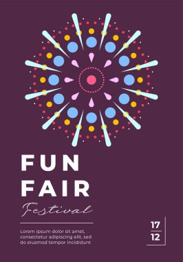 Lunapark şenliği, karanlık gökyüzünde havai fişek patlaması olan en az moda dikey poster. Havai fişekli karnaval minimalist yaratıcı el ilanı. Tatil festivali panayırı düz kart.