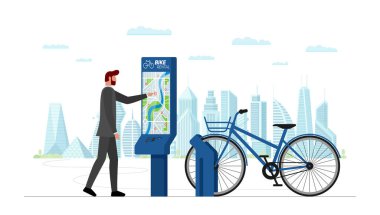 Modern şehir caddesinde bisiklet kiralama terminali ekranına dokunan adam. İş adamı bisiklet kiralama yerini self servis tezgahında seçiyor. Kamu döngüsü eko taşıma taşıyıcı paylaşım vektörü pankartı