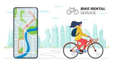 Woman rides rented bike against modern cityscape with smartphone bike rental mobile app on screen. Bicycle rent service banner. Public cycle transport sharing. Urban eco transport advertising concept