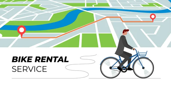 Man Rides Rented Bike City Map Route Bicycle Rental Service — Stockvector