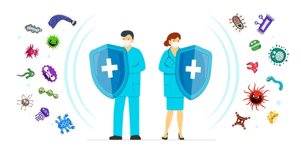 Health Care Epidemiology Banner Concept Doctor Man Nurse Woman Shields — Stockový vektor