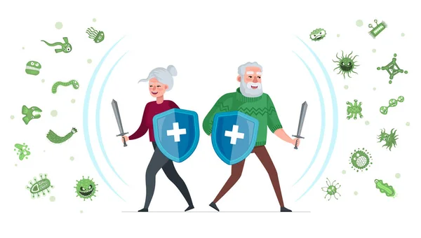 Elderly Health Care Epidemiology Concept Old Man Senior Woman Shields — Vector de stock