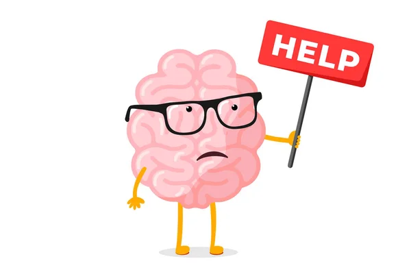 Cartoon Sad Human Brain Holding Placard Word Help Unhappy Central — ストックベクタ