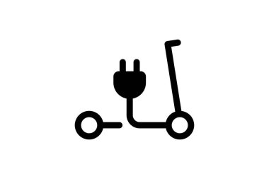 Electric push scooter icon. Black cable electrical kick e-scooter contour and plug charging symbol. Eco friendly electro vehicle sign concept. Vector battery powered transportation eps illustration