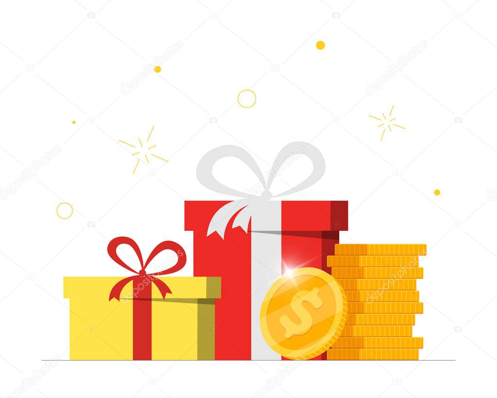 Donation gift box with gold coins. Donate and charity concept. Giving money service advertising. Cash present or giveaway bonus achievement. Vector eps illustration