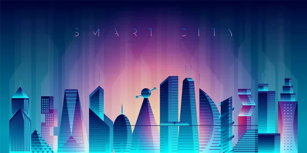 Future Smart City Landscape Concept Skyscrapers Abstract Panoramic Bright Night — Vector de stock