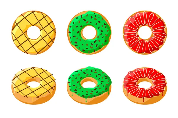 Сладкий Вкусный Пончик Белом Фоне Застекленные Пончики Вид Сверху Коллекции — стоковый вектор