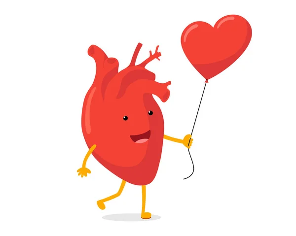Cute Cartoon Happy Enamored Human Heart Character Red Balloon Express — Stock vektor