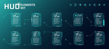 HUD futuristic style callout titles on blue background. Infographic call arrow box bars and modern digital info vertical frame layout templates. Interface FUI and GUI element set. Vector illustration