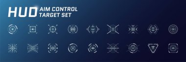 HUD aim control target system set. GUI and FUI interface. Futuristic military optical aiming collection. GUI digital radar elements. Collimator focus range sights. Digital dashboard crosshairs. Vector