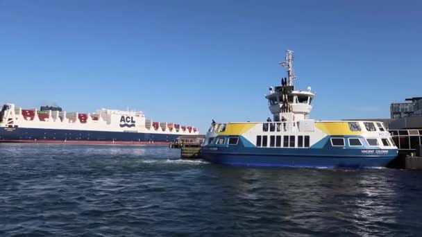 Vrachtvervoer Met Containers Haven Watervoertuig Varen Industriële Zeehaven Marine Scheepvaart — Stockvideo