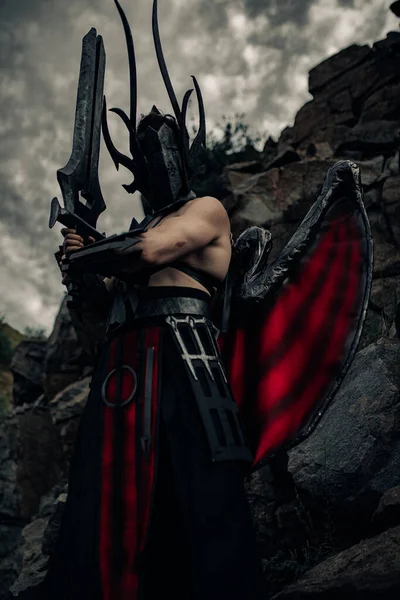Man Image Daemon Death Wings His Back Stands Raised Black — Stock Photo, Image
