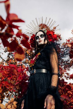 Santa Muerte 'nin sonbahar ormanlarının arka planında olduğu gibi siyah ölüm kostümü giymiş, şeker kafalı ve kırmızı güller giyen genç bir kadın. Ölüler Günü veya Cadılar Bayramı konsepti.