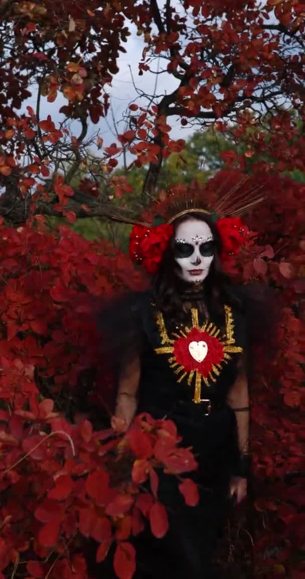 砂糖の頭蓋骨の化粧をした若い女性と秋の森を背景にサンタ ムエルテとして死の黒い衣装に身を包んだ赤いバラの垂直方向のビュー 死者やハロウィーンのコンセプトの日 — ストック動画