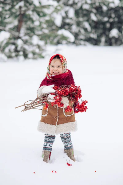 Beautiful Little Child Girl Plays Viburnum Bunches Snowy Forest She — 图库照片