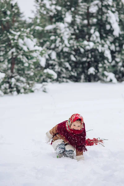 Beautiful Little Child Girl Plays Snowy Forest Snowfall She Dressed — 图库照片