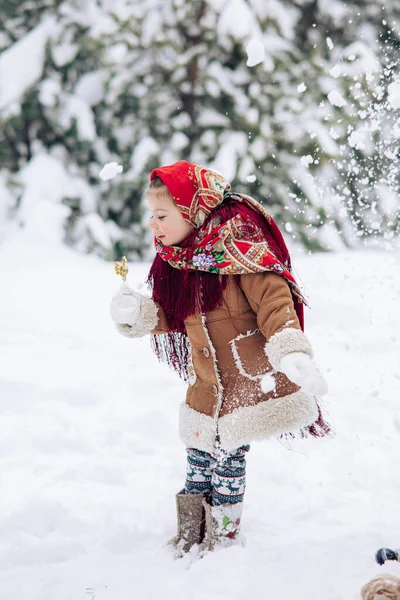 Όμορφο Κοριτσάκι Στέκεται Χιονισμένο Δάσος Γλειφιτζούρι Στο Χέρι Της Φορούσε — Φωτογραφία Αρχείου