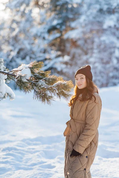 Счастливая Молодая Женщина Ходит Лесу Среди Заснеженных Сосен Солнечный Зимний — стоковое фото