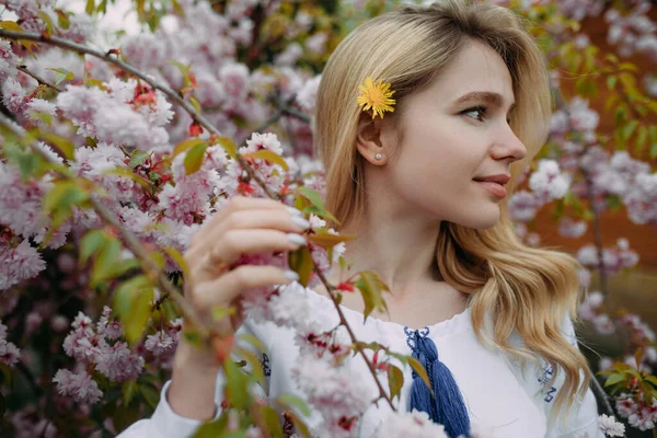 Porträt Einer Jungen Blonden Frau Blühenden Sakura Garten Gekleidet Ein — Stockfoto