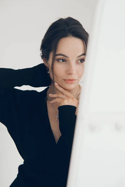 Portrait Young Pensive Woman Black Shirt Posing White Curtains — Fotografia de Stock