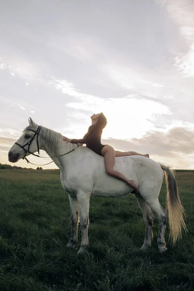 Young woman in bodysuit sits horseback on white horse on meadow at sunset.