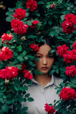 Bahçedeki kırmızı gül çiçeklerinin arasında genç Asyalı bir kadının portresi..