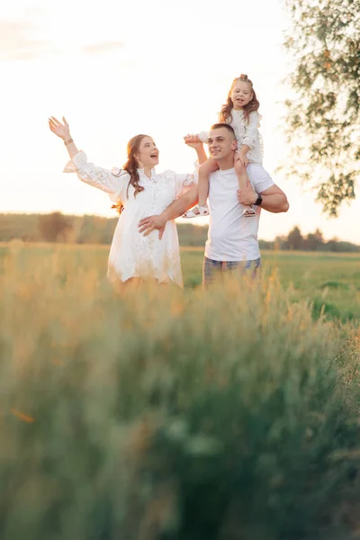 Familia Feliz Camina Prado Padre Lleva Hija Sobre Sus Hombros — Foto de Stock