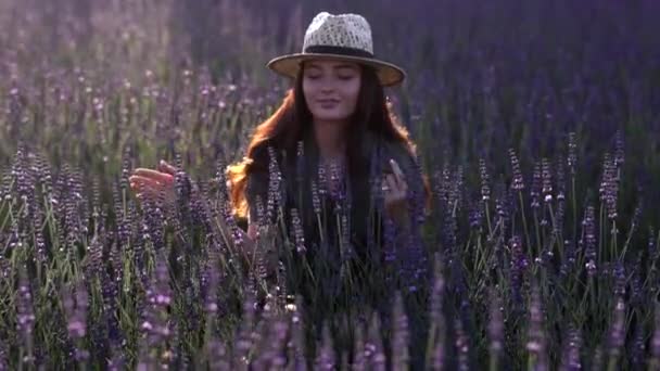Mujer Joven Con Sombrero Sienta Disfruta Lavanda Floreciente Con Abejas — Vídeos de Stock