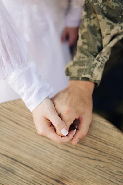 Bride White Dress Groom Military Uniform Hold Each Other Hands — Photo