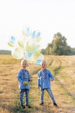 Mutlu iki ikiz kardeş hava balonlarıyla çayırda oynuyorlar. Ukrayna ulusal nakışlı gömlekler giyiyorlar..