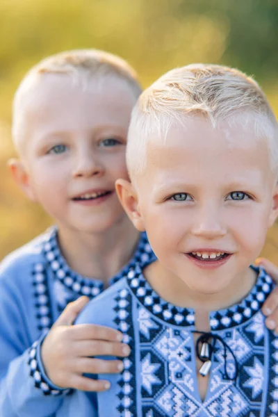 Portrait Two Cheerful Twins Brothers Walk Dressed Ukrainian National Embroidered — Stock Photo, Image