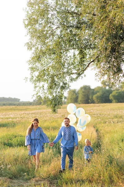 Happy parents with two their twins sons walk on meadow with air balloons in their hands. They are dressed in Ukrainian national embroidered shirts.