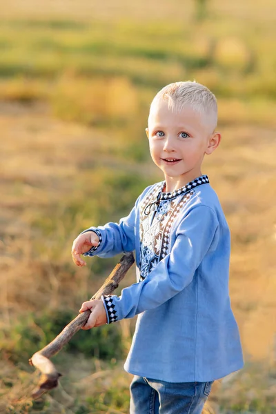 Happy Child Boy Has Fun Plays Meadow Wooden Stick Dressed — Fotografia de Stock