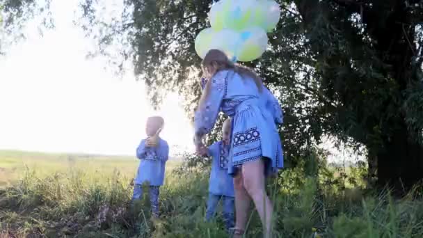 Happy Mother Her Sons Have Fun Play Laugh Cheerfully Walk — Vídeo de stock