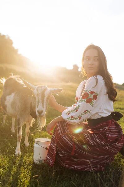 Young Ukrainian Woman Waters Goat Water Can Traditional National Embroidered — Zdjęcie stockowe