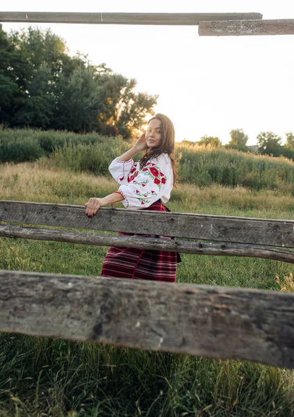 Young Ukrainian Woman Stands Traditional National Embroidered Shirt Skirt Wooden — Stock Fotó